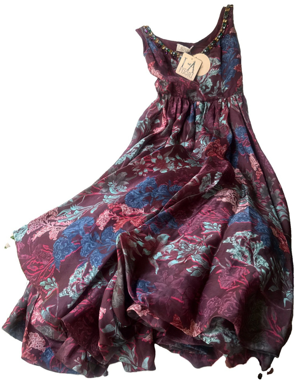 La Fuori Burgundy Garden Jewel Dress Silk Blend Floral Satin Pleated Maxi Gown